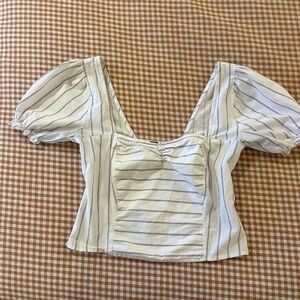 Free People White & Blue Striped Puff Sleeve Peasant Top